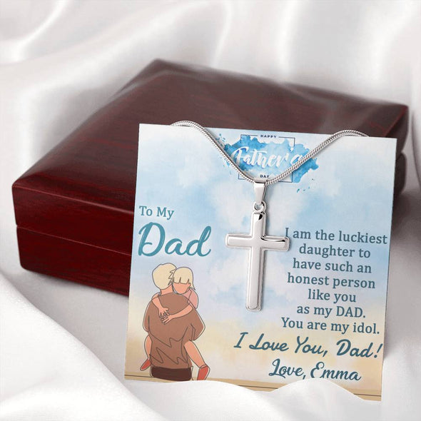 Jewelry To My Dad, I am The Luckiest Daughter, Custom Cross Necklace, Anniversary, Christmas, Gift Ideas For Him, Silver Necklace With Message Card, Happy Father's Day