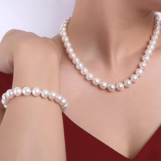 A Quality Pearl Necklace Set With Genuine Freshwater Cultured Pearls, 3 pcs Pearl Jewelry Set, With Necklace/Bracelet/Earings, Mother's Day Birthday Wedding, Gift for Brides, Mom, Wife