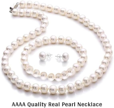 A Quality Pearl Necklace Set With Genuine Freshwater Cultured Pearls, 3 pcs Pearl Jewelry Set, With Necklace/Bracelet/Earings, Mother's Day Birthday Wedding, Gift for Brides, Mom, Wife