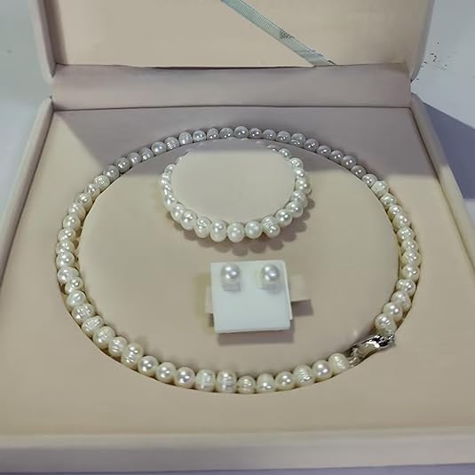 A Quality Pearl Necklace Set With Genuine Freshwater Cultured Pearls, 3 pcs Pearl Jewelry Set, With Necklace/Bracelet/Earings, Mother's Day Birthday Wedding, Gift for Brides, Mom, Wife