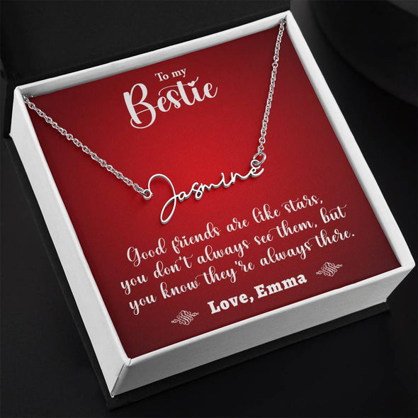 TO MY BESTIE, SIGNATURE NAME NECKLACE WITH MESSAGE CARD, UNIQUE GIFT FOR HER, BIRTHDAY GIFT FOR FRIEND