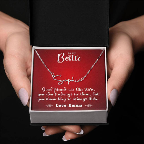 TO MY BESTIE, SIGNATURE NAME NECKLACE WITH MESSAGE CARD, UNIQUE GIFT FOR HER, BIRTHDAY GIFT FOR FRIEND