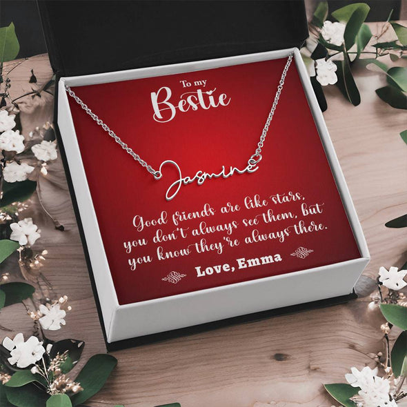 TO MY BESTIE, SIGNATURE NAME NECKLACE WITH MESSAGE CARD, UNIQUE GIFT FOR HER, BIRTHDAY GIFT FOR FRIEND