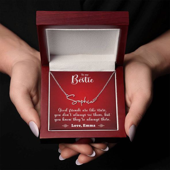TO MY BESTIE, SIGNATURE NAME NECKLACE WITH MESSAGE CARD, UNIQUE GIFT FOR HER, BIRTHDAY GIFT FOR FRIEND