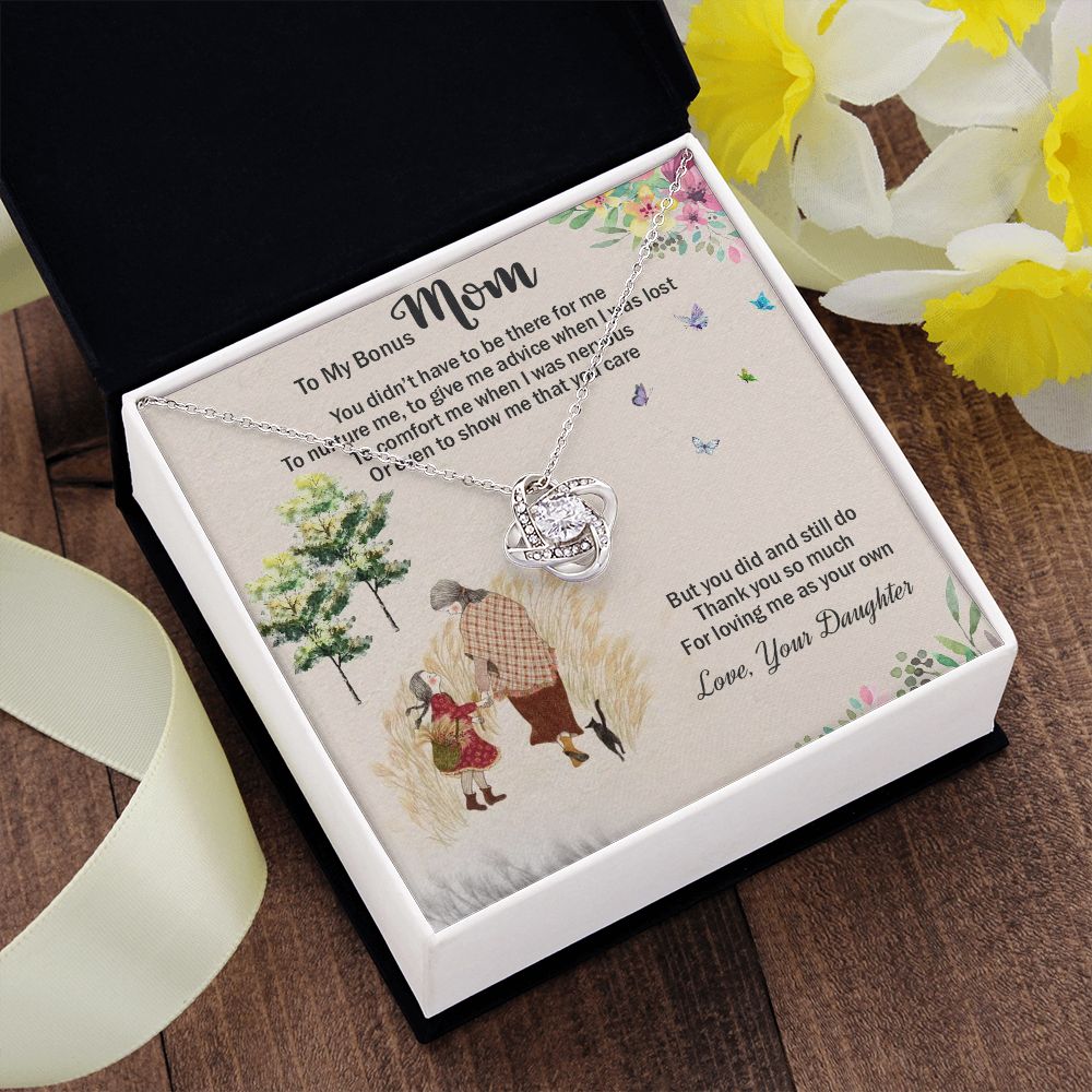LOVE KNOT NECKLACE WITH MESSAGE CARD FOR MOM, UNIQUE GIFT FOR MOM ON HER BIRTHDAY, FROM DAUGHTER