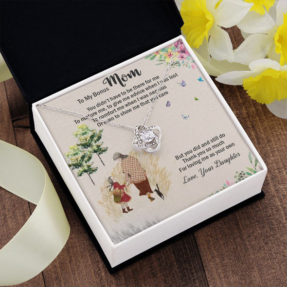 LOVE KNOT NECKLACE WITH MESSAGE CARD FOR MOM, UNIQUE GIFT FOR MOM ON HER BIRTHDAY, FROM DAUGHTER