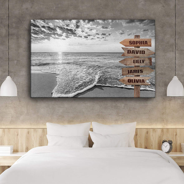 Beach Sunrise Black and White Customized Canvas With Multi Names