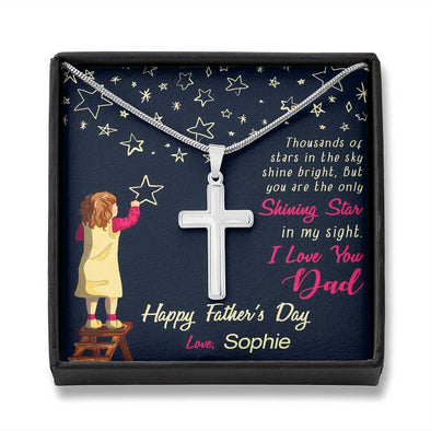 Jewelry Dad, You're The Only Shining Star, Custom Artisan Crafted Cross Necklace, Gift For Father's Day, Necklace With Message Card, Silver Pendant