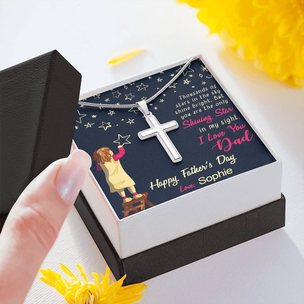 Jewelry Dad, You're The Only Shining Star, Custom Artisan Crafted Cross Necklace, Gift For Father's Day, Necklace With Message Card, Silver Pendant