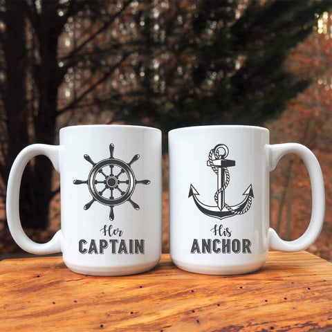 Mugs 15 Oz Matching Couple Mugs Her Captain His Anchor Cruising Gift