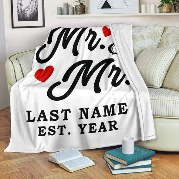 White Mr & Mr LGBT Personalized Blanket with Wedding Year