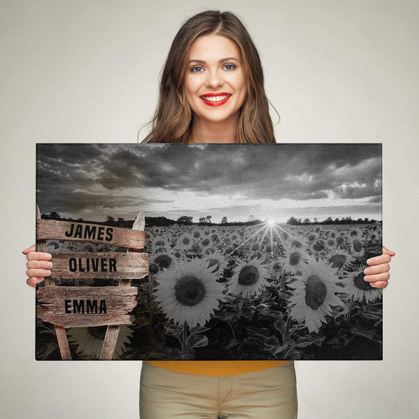 Sunflower Field Black And White Custom Canvas With Multi Names      b